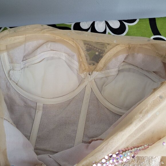 Sequin pearl beaded rhinestone accented boning ice skater bridal semi sheer lace - Picture 7 of 13